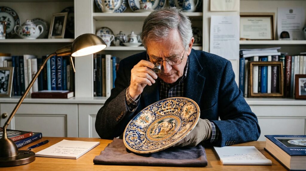Antiquaire Kretz examinant à la loupe de l'argenterie ancienne lors d'une estimation