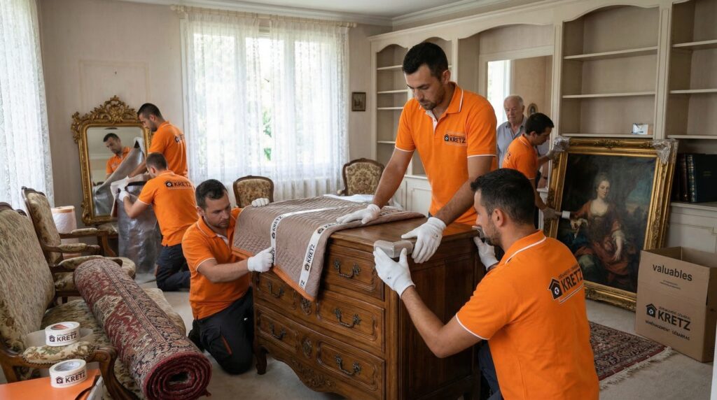 Équipe Kretz emballant avec soin une commode ancienne lors d'un débarras
